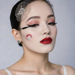 A Korean sheet mask adorned with a 1920's Art Deco inspired makeup design, including high, thin eyebrows in the style of Marlene Dietrich, a porcelain-white complexion, bold red lipstick, expressive round or heart-shaped blush, and a refined fake mole on the cheek.