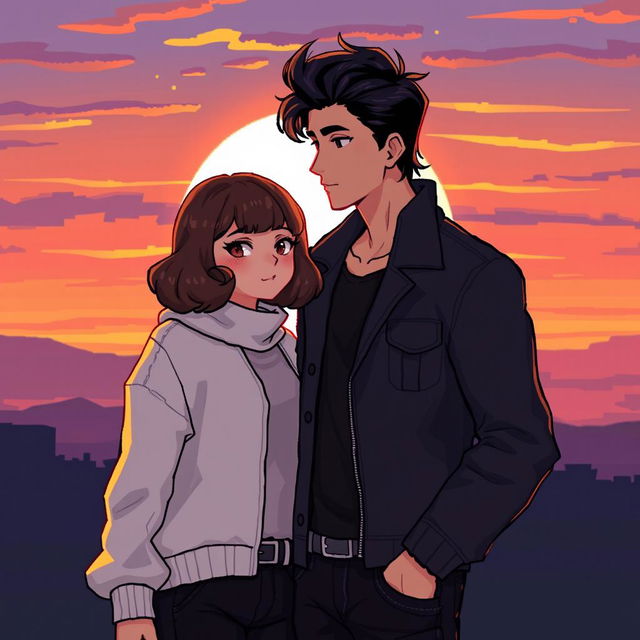 pixel art couple standing together, a girl with curly bob hair wearing fashionable clothing, and a guy with a stylish look, both standing against a stunning sunset backdrop