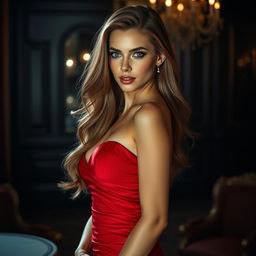 A captivating and alluring woman with elegant features, wearing a stunning red dress that hugs her curves