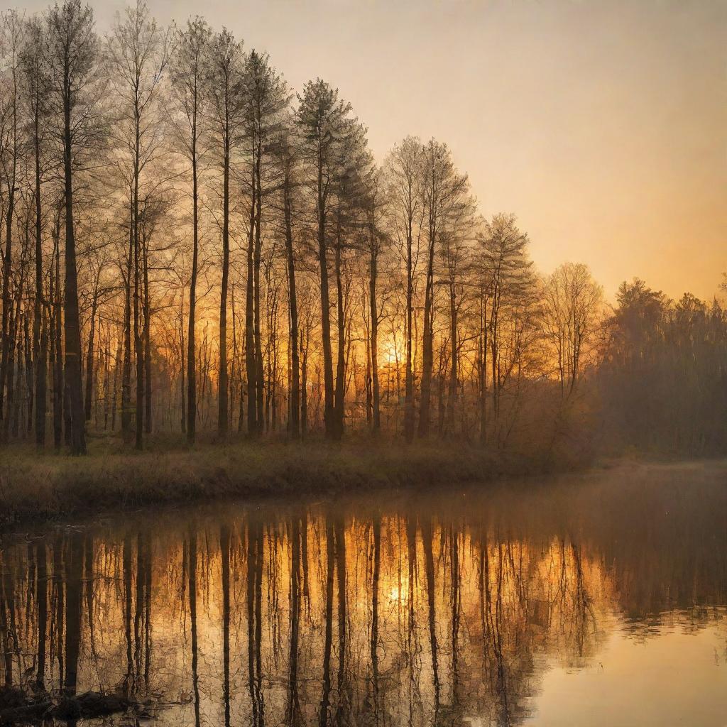 A serene natural landscape bathed in the golden hues of a setting sun, with silhouettes of towering trees against the vibrant sky.