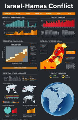 An analytical visualization depicting the Israel Hamas Conflict with emphasis on data analysis, predictive examination, and exploration of likely scenarios