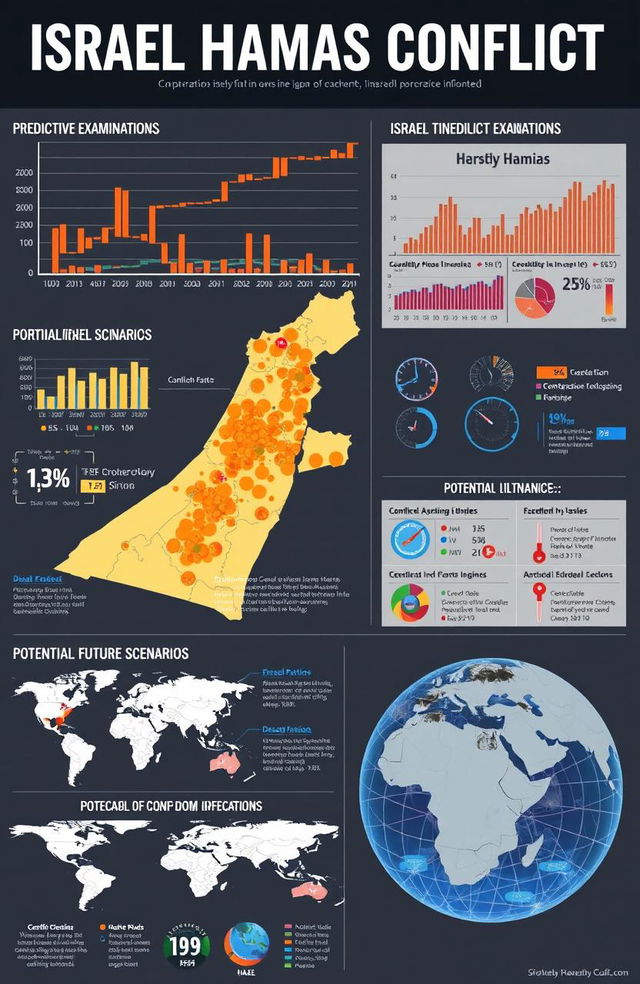 An analytical visualization depicting the Israel Hamas Conflict with emphasis on data analysis, predictive examination, and exploration of likely scenarios