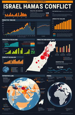 An analytical visualization depicting the Israel Hamas Conflict with emphasis on data analysis, predictive examination, and exploration of likely scenarios