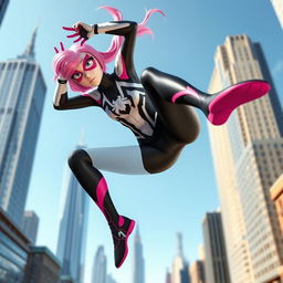 A dynamic and playful scene featuring Spider-Gwen, also known as Gwen Stacy from the Spider-Verse, in her iconic black, white, and pink costume