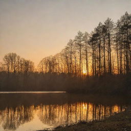 A serene natural landscape bathed in the golden hues of a setting sun, with silhouettes of towering trees against the vibrant sky.