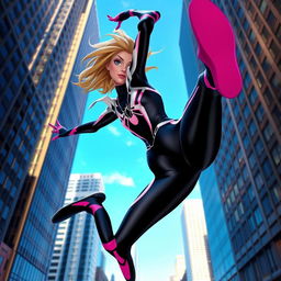 A dynamic and playful scene featuring Spider-Gwen, also known as Gwen Stacy from the Spider-Verse, in her iconic black, white, and pink costume