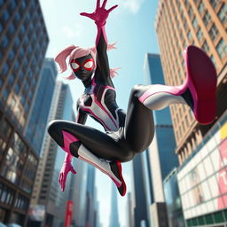 A dynamic and playful scene featuring Spider-Gwen, also known as Gwen Stacy from the Spider-Verse, in her iconic black, white, and pink costume