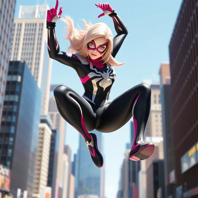 A dynamic and playful scene featuring Spider-Gwen, also known as Gwen Stacy from the Spider-Verse, in her iconic black, white, and pink costume