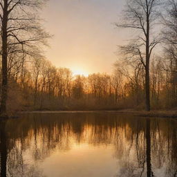 A serene natural landscape bathed in the golden hues of a setting sun, with silhouettes of towering trees against the vibrant sky.