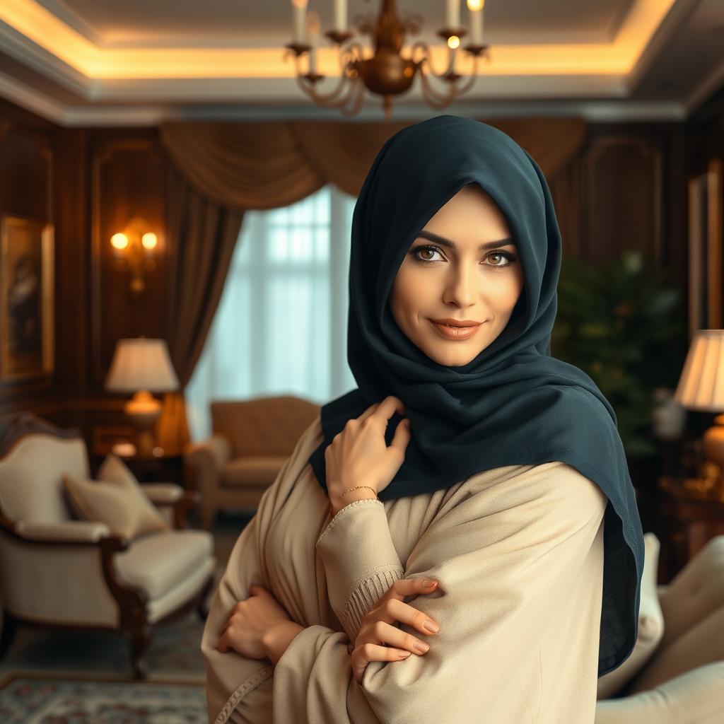 A beautiful milf wearing a chador, posing gracefully in a cozy and elegant home setting