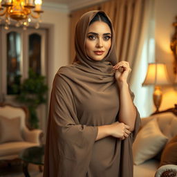 A beautiful milf wearing a chador, posing gracefully in a cozy and elegant home setting