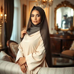 A beautiful milf wearing a chador, posing gracefully in a cozy and elegant home setting