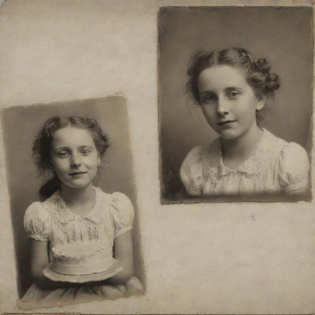 A side by side image showcasing an extremely melancholic birthday scene on one side and 'Happy Birthday' written on a faded, old photograph on the other side.