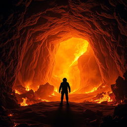 A realistic depiction of a vast underground mine, dramatically surrounded by intense flames that illuminate the space with a fiery glow