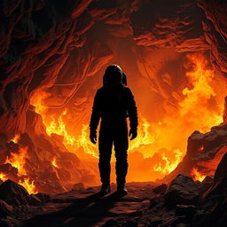 A realistic depiction of a vast underground mine, dramatically surrounded by intense flames that illuminate the space with a fiery glow