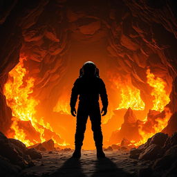 A realistic depiction of a vast underground mine, dramatically surrounded by intense flames that illuminate the space with a fiery glow