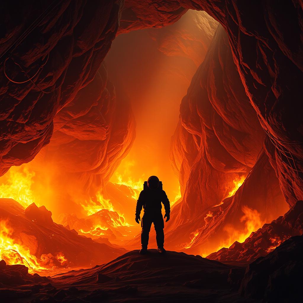 A realistic depiction of a vast underground mine, dramatically surrounded by intense flames that illuminate the space with a fiery glow