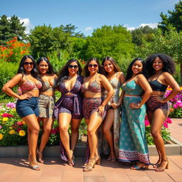 A group of voluptuous women with confident expressions, posing joyfully under the warm sun in a picturesque outdoor setting, showcasing allure and confidence