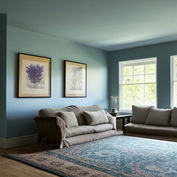 A room aglow with soft, warm light, featuring calming blue walls hung with intriguing art. Plush rugs layered over a wooden floor lead to a cozy seating area with oversized chairs and a generously sized sofa. A scent of lavender permeates the inviting atmosphere.