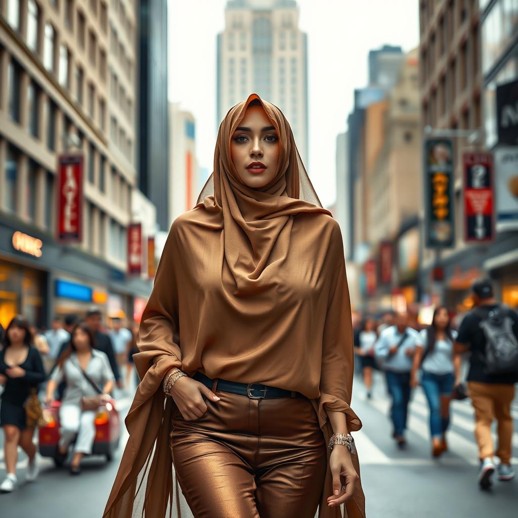 A beautiful and sexy milf wearing a chador, walking confidently down a bustling city street