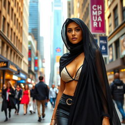 A beautiful and sexy milf wearing a chador, walking confidently down a bustling city street