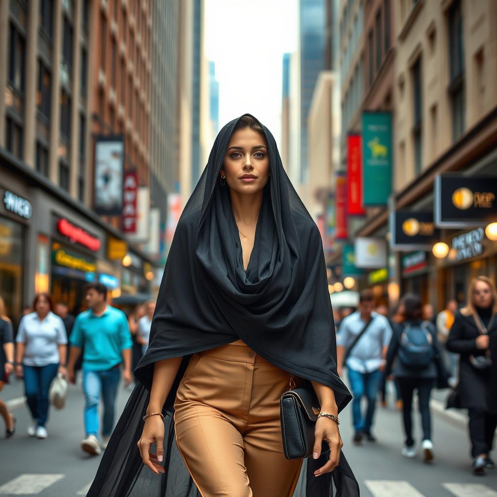 A beautiful and sexy milf wearing a chador, walking confidently down a bustling city street