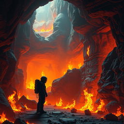 A realistic depiction of a vast underground mine engulfed by surrounding vivid flames that cast an intense, warm glow across the entire scene