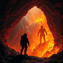 A realistic depiction of a vast underground mine engulfed by surrounding vivid flames that cast an intense, warm glow across the entire scene