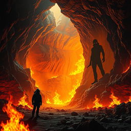 A realistic depiction of a vast underground mine engulfed by surrounding vivid flames that cast an intense, warm glow across the entire scene