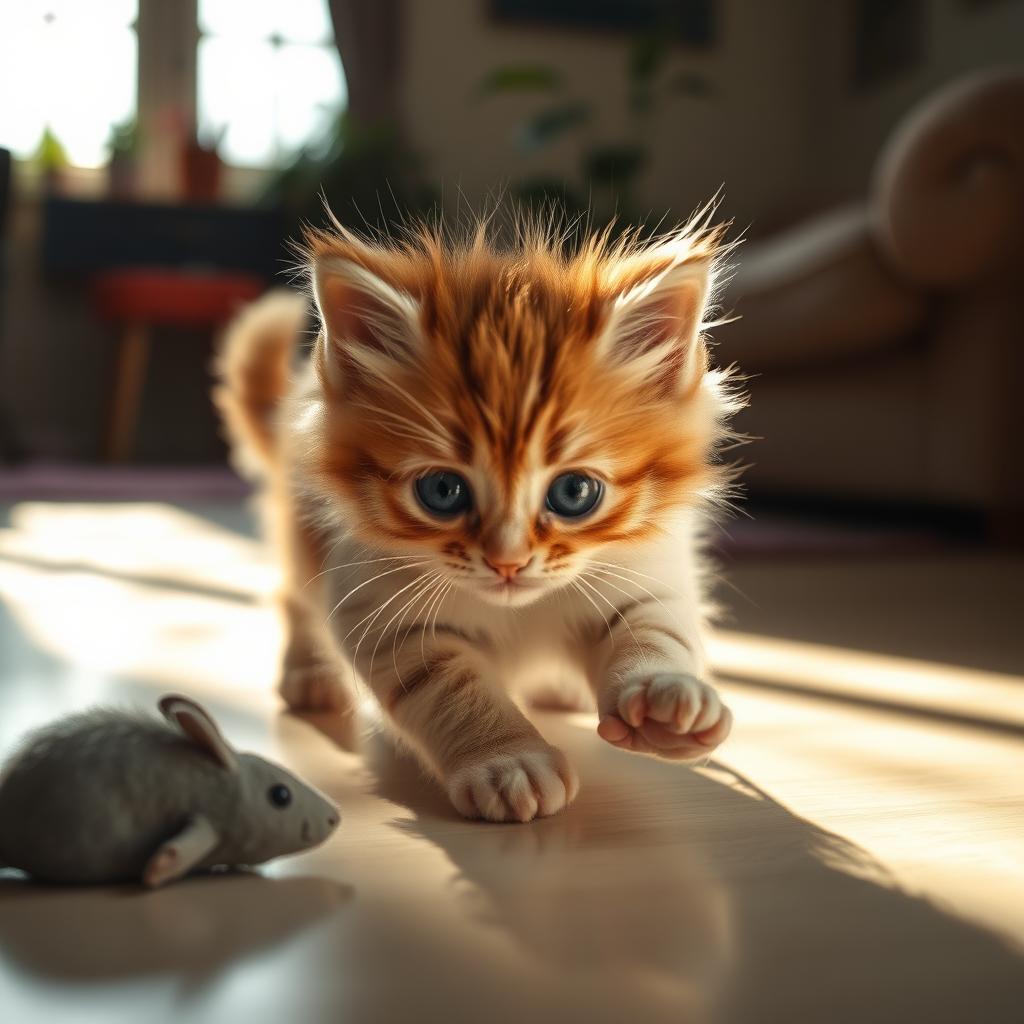 A cute, fluffy kitten with big, curious eyes, playfully exploring a sunlit room