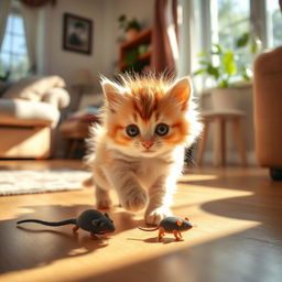 A cute, fluffy kitten with big, curious eyes, playfully exploring a sunlit room