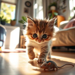 A cute, fluffy kitten with big, curious eyes, playfully exploring a sunlit room