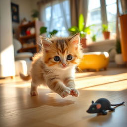 A cute, fluffy kitten with big, curious eyes, playfully exploring a sunlit room