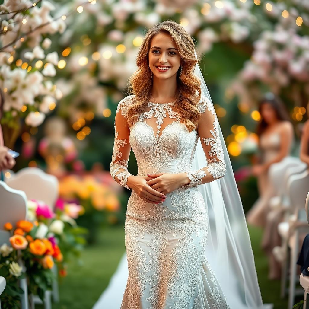 A beautiful bride at her wedding ceremony, she is gracefully walking down the aisle in an elegant and exquisite wedding gown adorned with intricate lace patterns