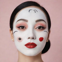 A Korean sheet mask incorporating a 1920's Art Deco inspired makeup design, showcasing drawn high, thin eyebrows, porcelain-white skin, vibrant red lipstick, bold round or heart-shaped blush, and a classic fake mole on the cheek.