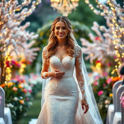 A beautiful bride at her wedding ceremony, she is gracefully walking down the aisle in an elegant and exquisite wedding gown adorned with intricate lace patterns