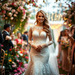 A beautiful bride at her wedding ceremony, she is gracefully walking down the aisle in an elegant and exquisite wedding gown adorned with intricate lace patterns