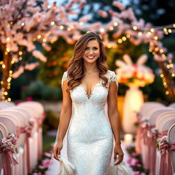 A beautiful bride at her wedding ceremony, she is gracefully walking down the aisle in an elegant and exquisite wedding gown adorned with intricate lace patterns