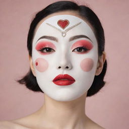 A Korean sheet mask incorporating a 1920's Art Deco inspired makeup design, showcasing drawn high, thin eyebrows, porcelain-white skin, vibrant red lipstick, bold round or heart-shaped blush, and a classic fake mole on the cheek.