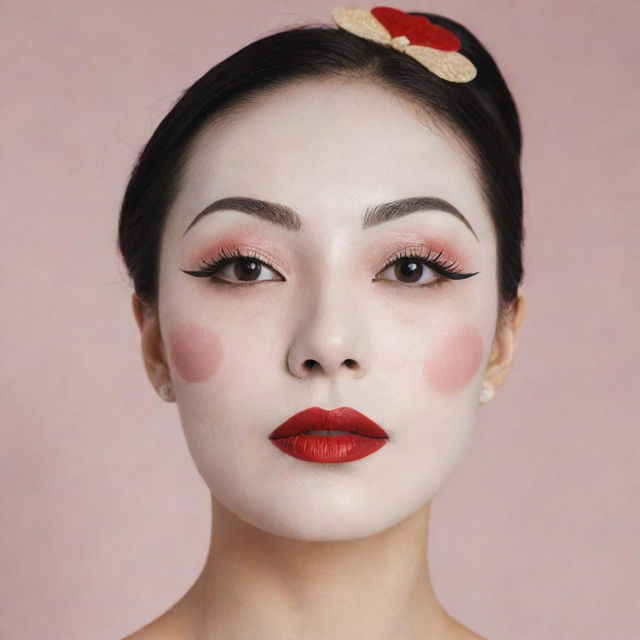 A Korean sheet mask incorporating a 1920's Art Deco inspired makeup design, showcasing drawn high, thin eyebrows, porcelain-white skin, vibrant red lipstick, bold round or heart-shaped blush, and a classic fake mole on the cheek.