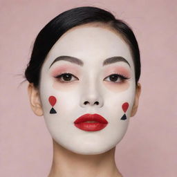 A Korean sheet mask incorporating a 1920's Art Deco inspired makeup design, showcasing drawn high, thin eyebrows, porcelain-white skin, vibrant red lipstick, bold round or heart-shaped blush, and a classic fake mole on the cheek.