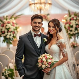 A stunning brunette woman, aged 23, at her wedding, standing with her husband