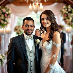 A stunning brunette woman, aged 23, at her wedding, standing with her husband