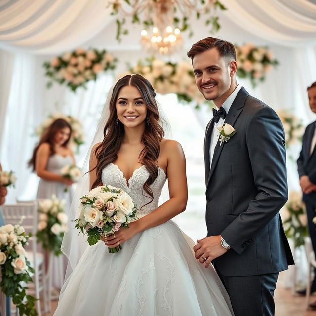 A stunning brunette woman, aged 23, at her wedding, standing with her husband