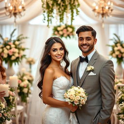 A stunning brunette woman, aged 23, at her wedding, standing with her husband