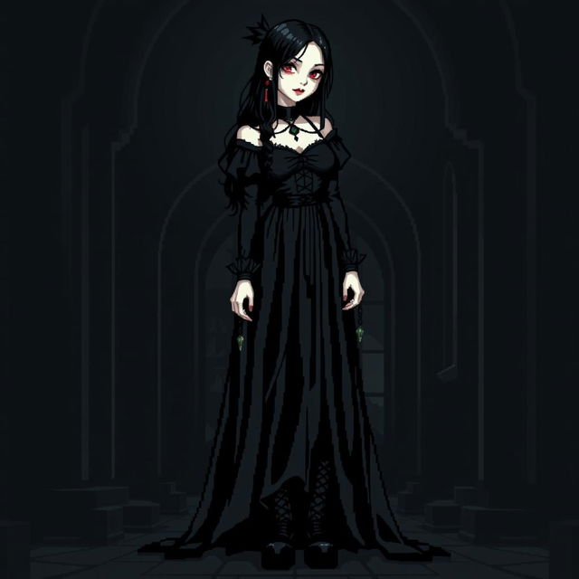 A full-height pixel art depiction of a gothic girl