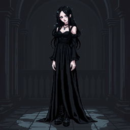 A full-height pixel art depiction of a gothic girl