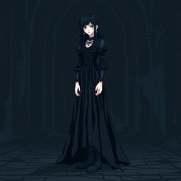 A full-height pixel art depiction of a gothic girl