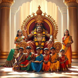 A powerful Hindu king seated on a magnificent throne, surrounded by an aura of authority and nobility