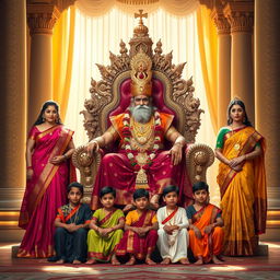 A powerful Hindu king seated on a magnificent throne, surrounded by an aura of authority and nobility